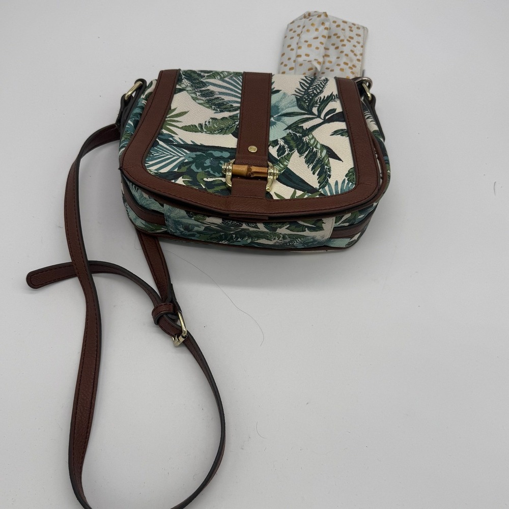Liz Claiborne Tropical Leaf Print Crossbody Bag with Polka Dot Coin Purse Brown